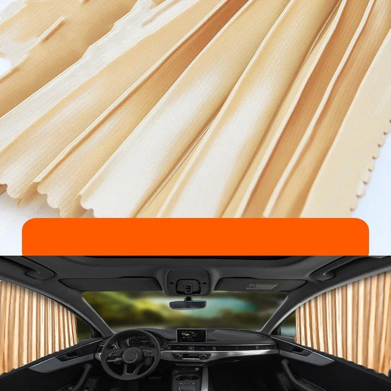 Retractable car sunshade curtain in black colour showing roller shutter mechanism