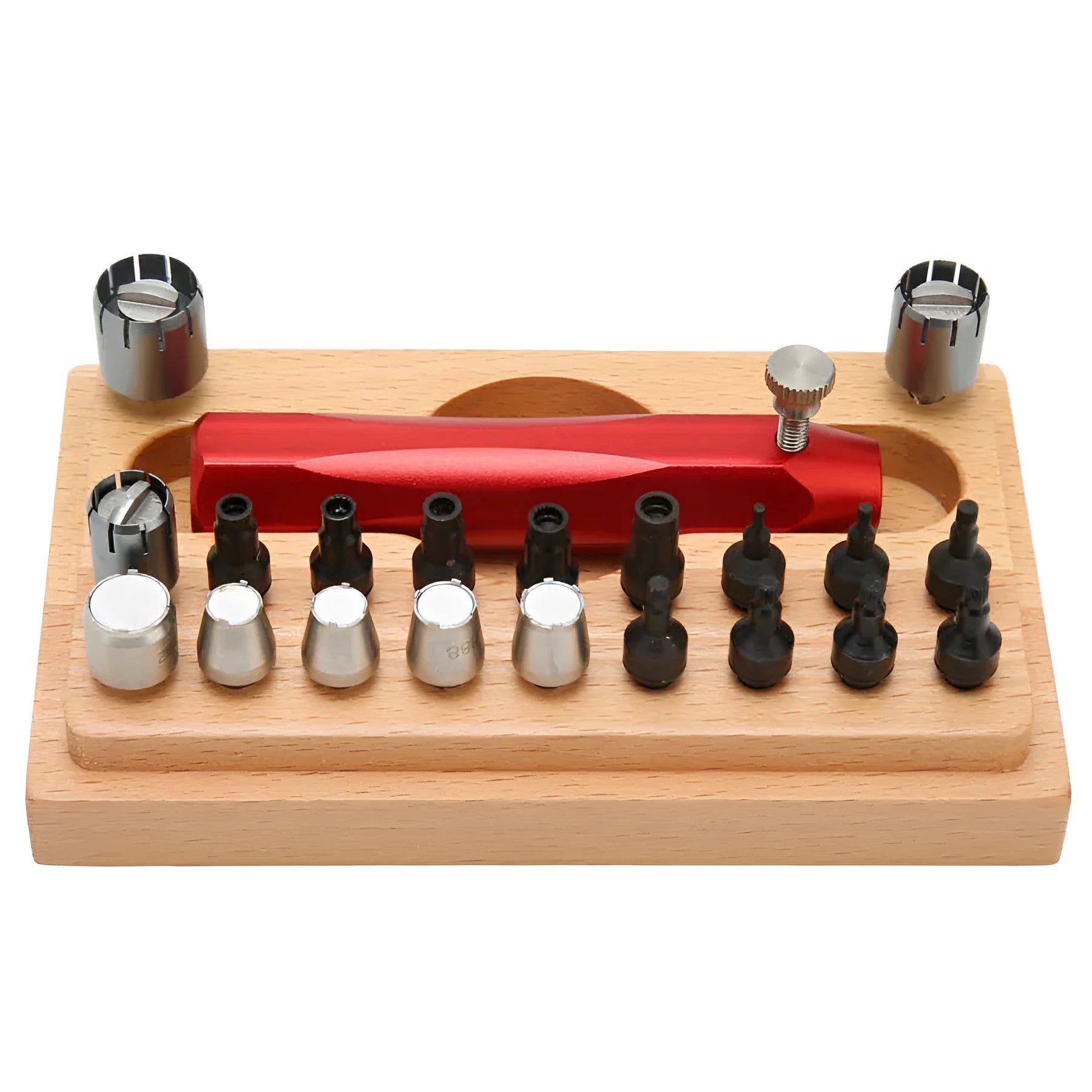 Set of 20 steel extracting tubes for watch repair in a compact toolkit.