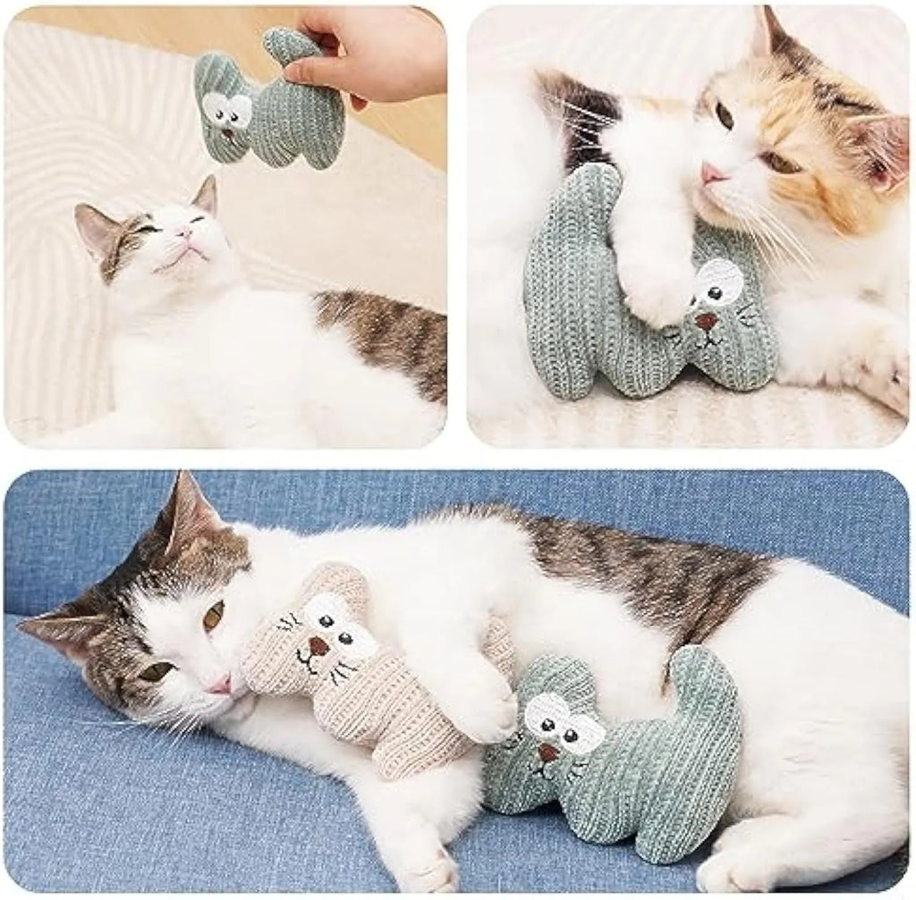 Cyan knitted plush cat toy with bell and catnip filling on a white surface.