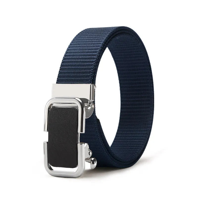 Toothless nylon canvas men's belt with alloy buckle shown in multiple colour options