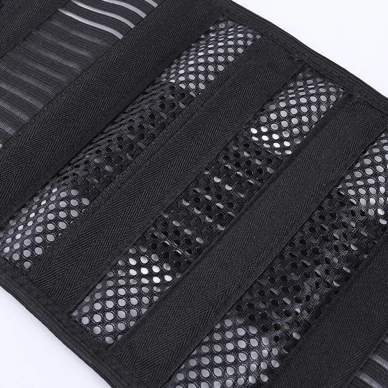 Black breathable sports waist support with steel plate for lumbar protection during fitness and running