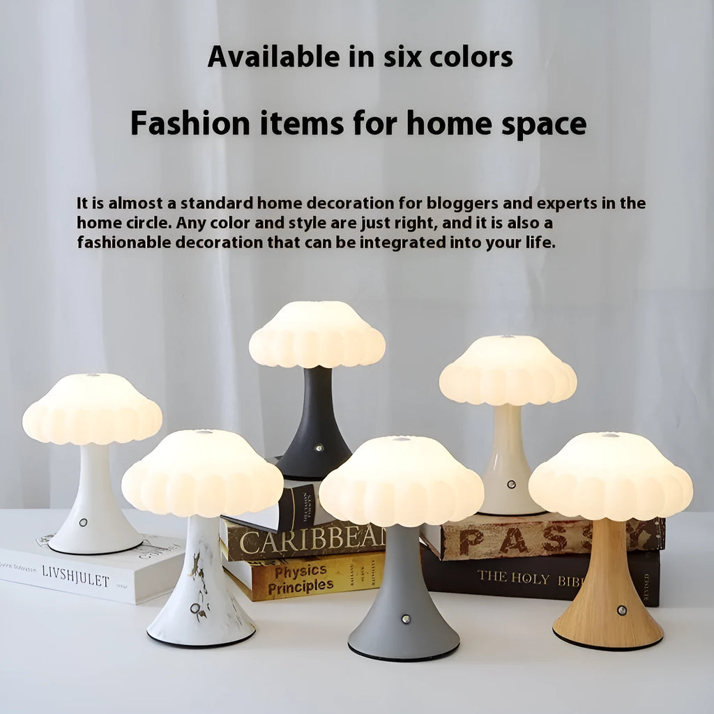 Mushroom-shaped decorative lamp with USB charging port and touch control in five colour options