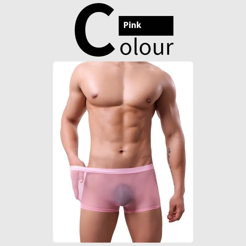 Men's low-waist mesh boxer briefs in various colours on a white background