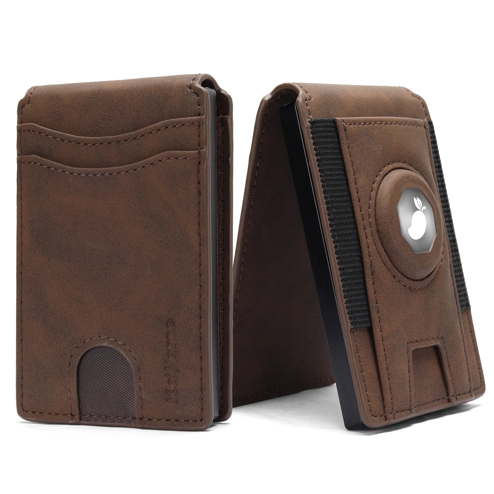 Men's slim RFID blocking card holder wallet in microfiber synthetic leather, shown in black, dark brown, and light brown.