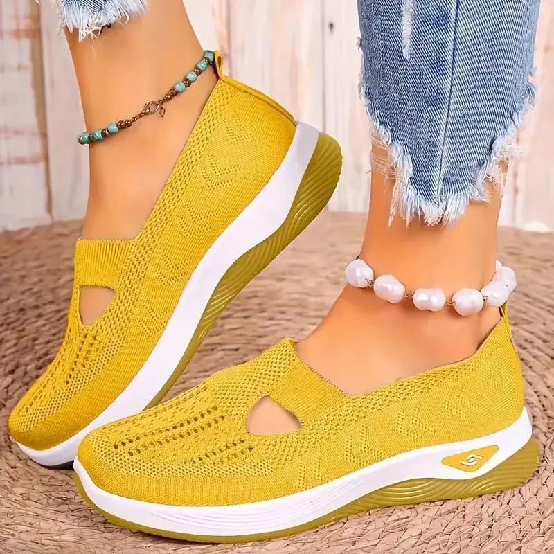 Women's casual mesh shoes with T-strap design and soft PVC soles in multiple colours