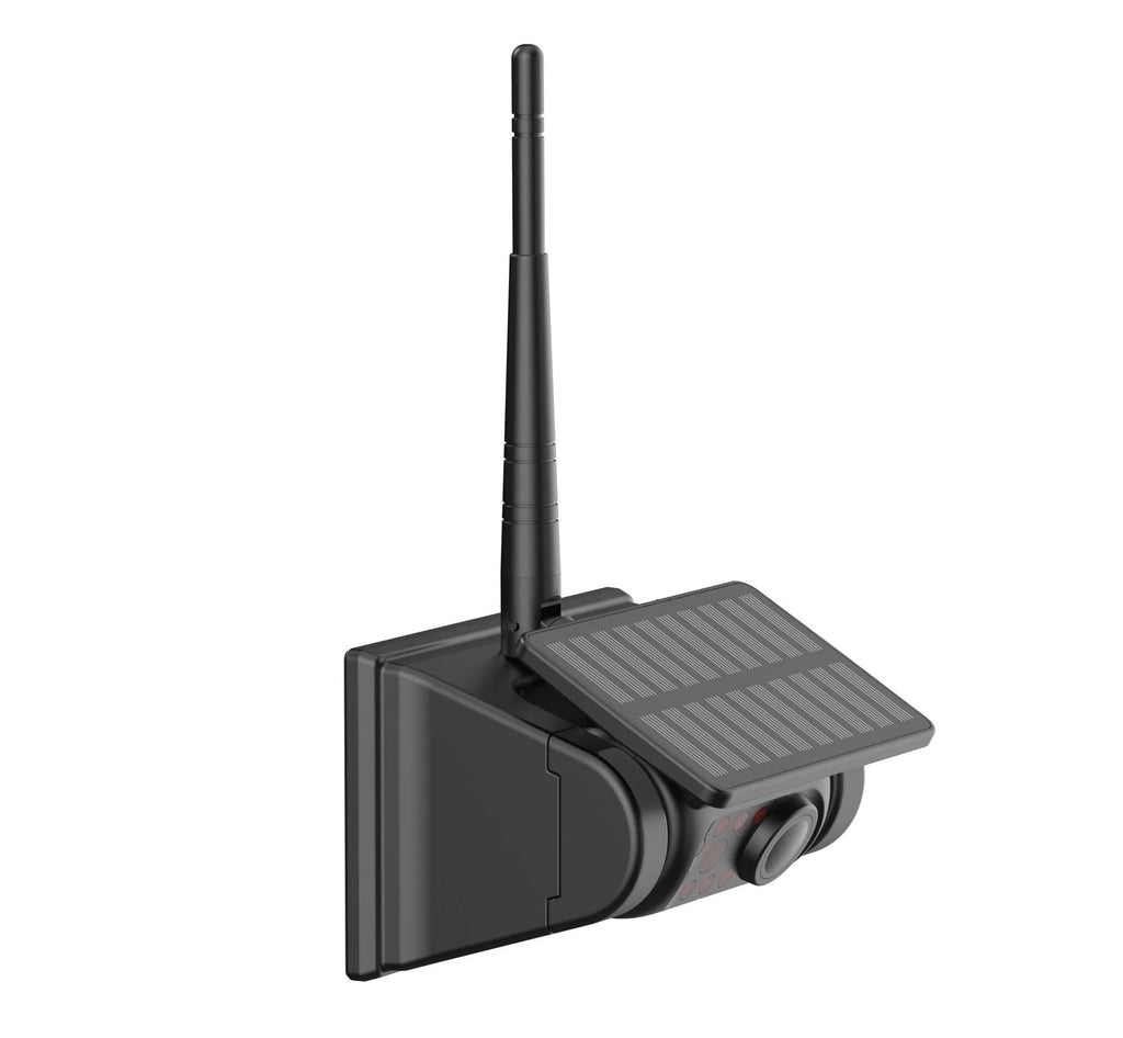 Solar wireless charging vehicle reversing camera with aluminium alloy shell and magnet on black mount.