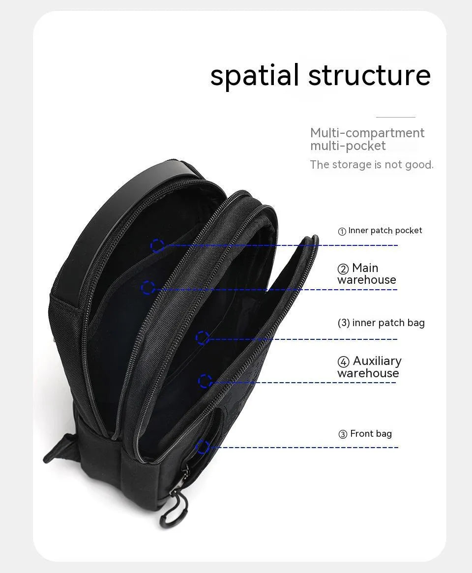 Casual black TPU chest pack with single shoulder strap showing landscape pattern details