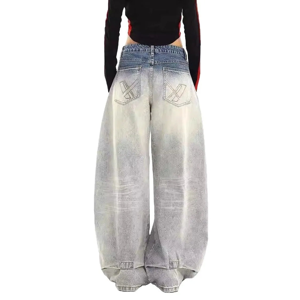 Blue straight leg cotton pants with retro design and mid-rise waist on woman
