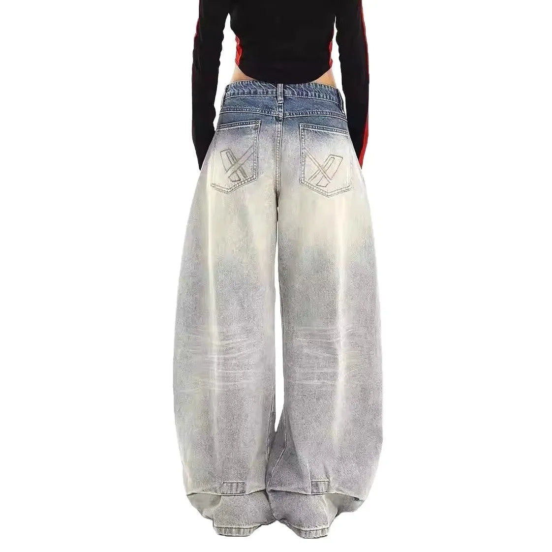 Blue straight leg cotton pants with retro design and mid-rise waist on woman