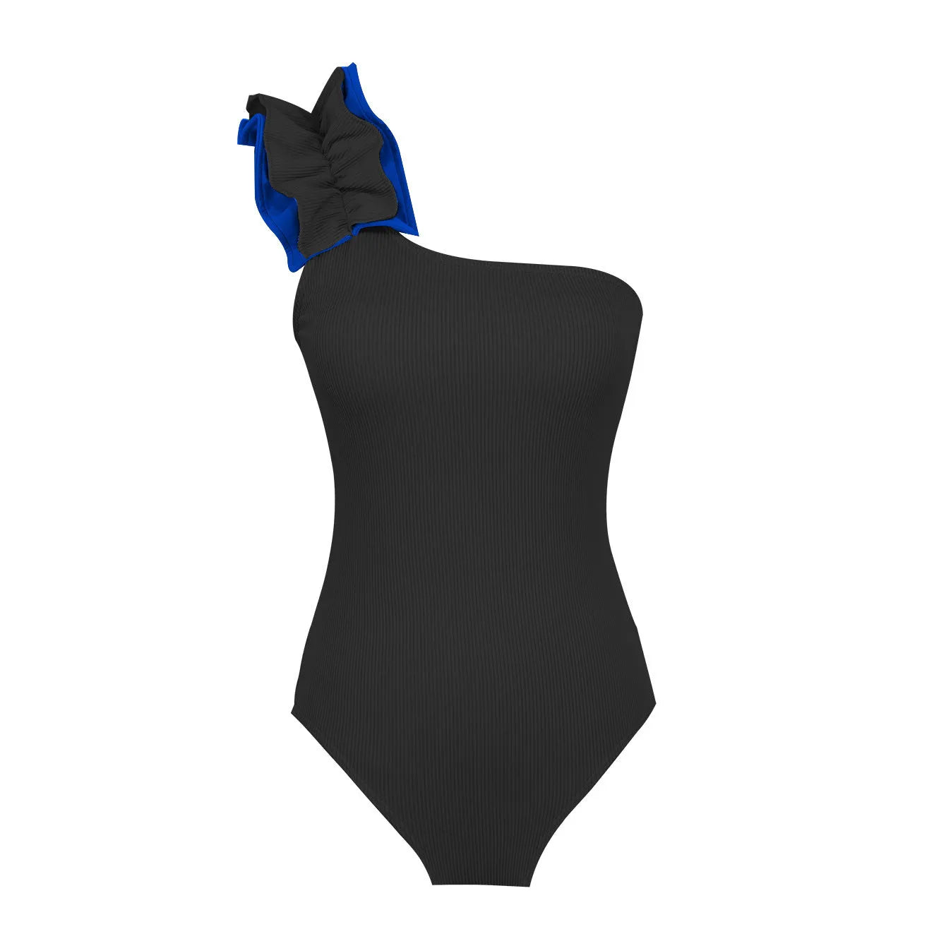 Single-shoulder high waist one-piece swimsuit for women in solid colour.