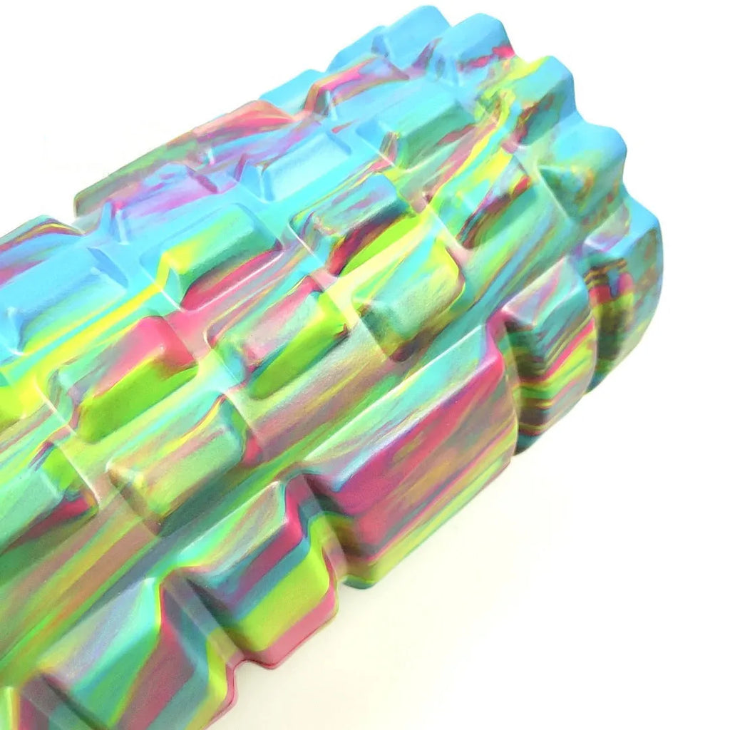 33cm camouflage pattern EVA foam roller in blue green yellow colour shown on exercise mat