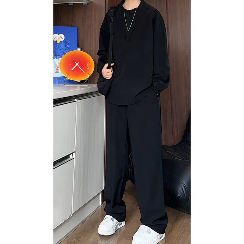 Men's black casual hemp polo shirt and trousers two-piece suit set on a hanger.