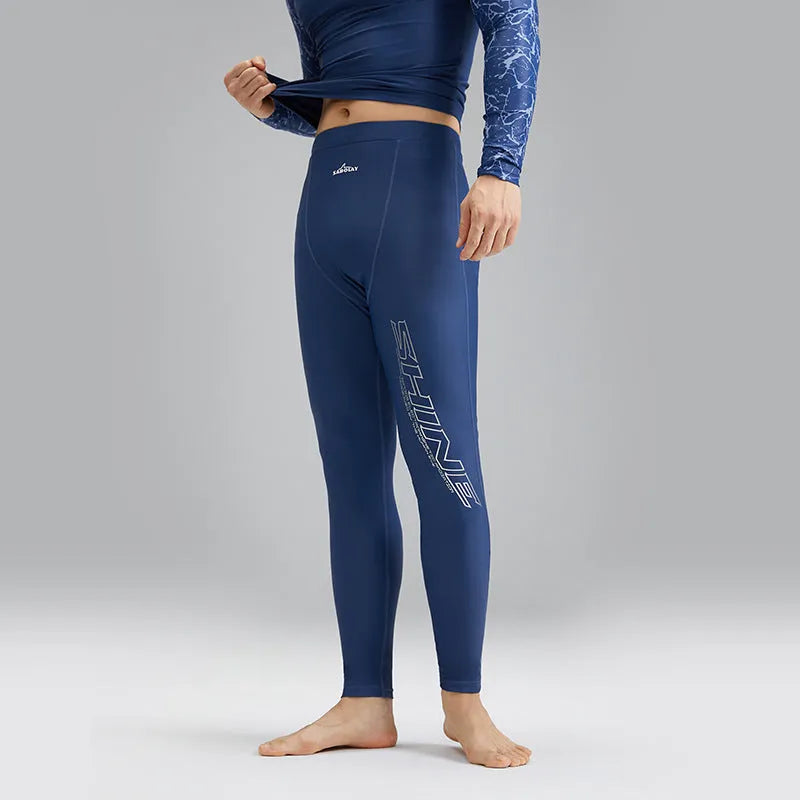 Dark blue nylon men's swimwear set with matching top and trousers for swimming and wading