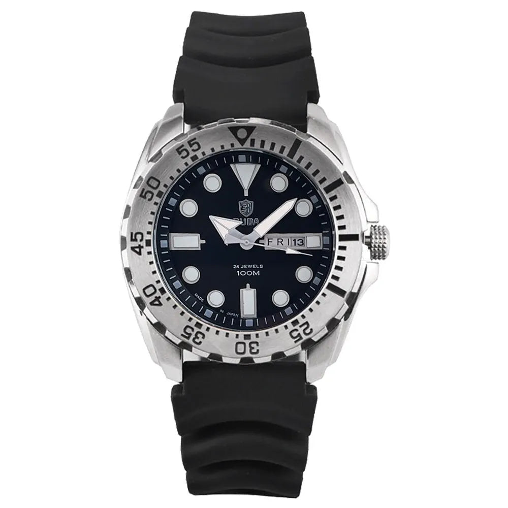 Men's waterproof quartz watch with luminous hands showing blue dial and steel bracelet option