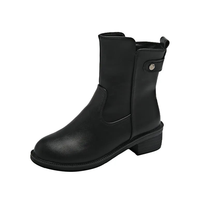 Black women's ankle boots with side zip and a low round toe.