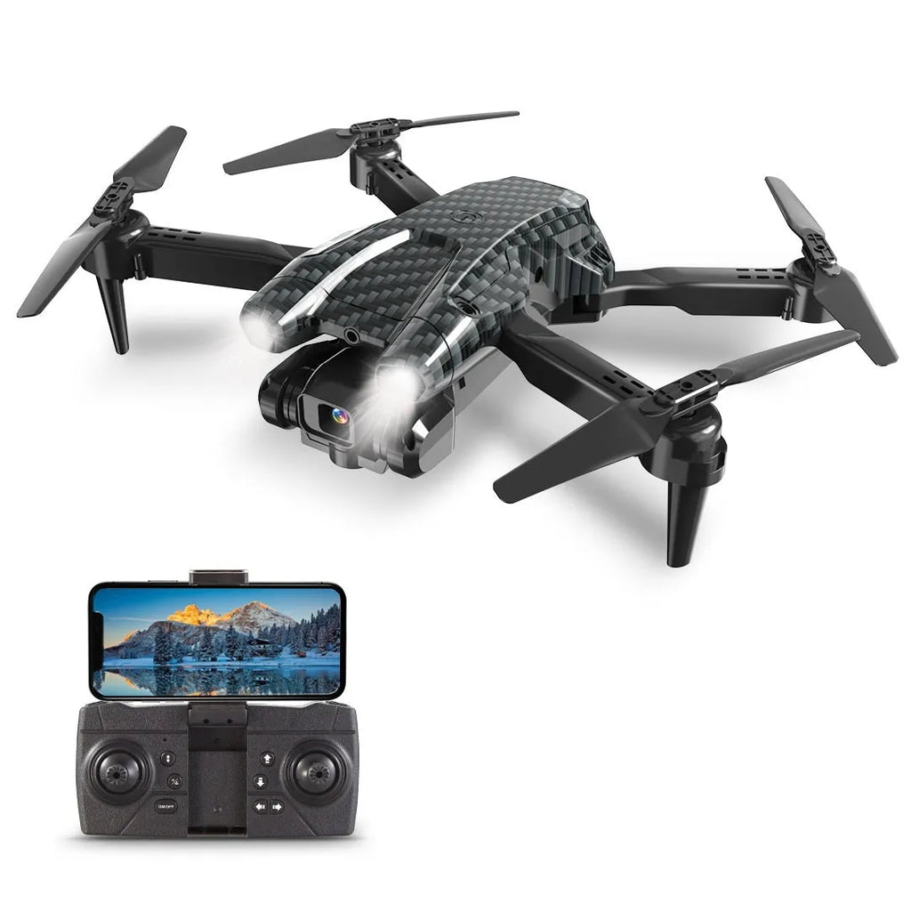 S138 black carbon fibre folding drone with propellers extended, showing dual camera and obstacle avoidance sensors.