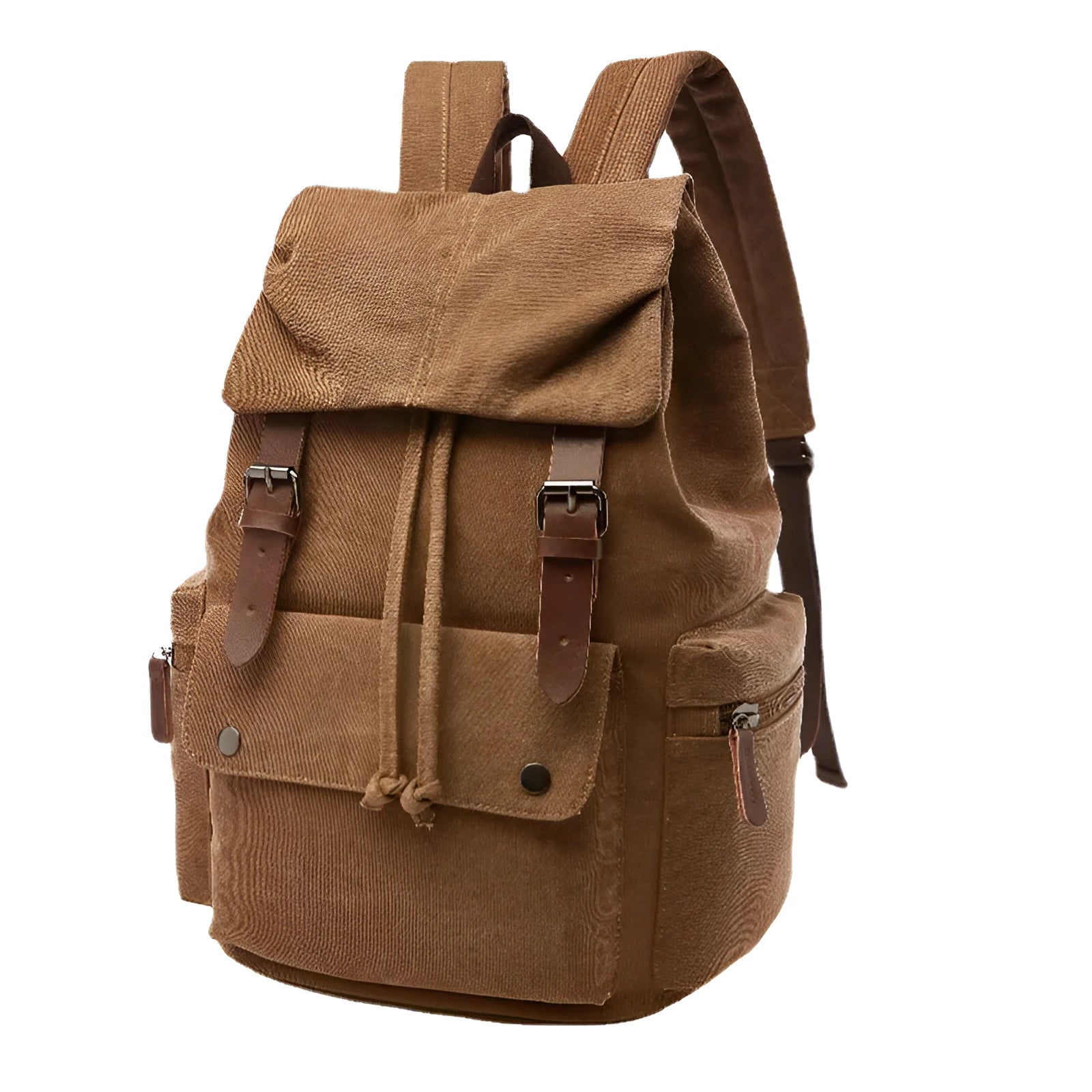 Canvas travel backpack in khaki with air pillow straps and stitched detailing