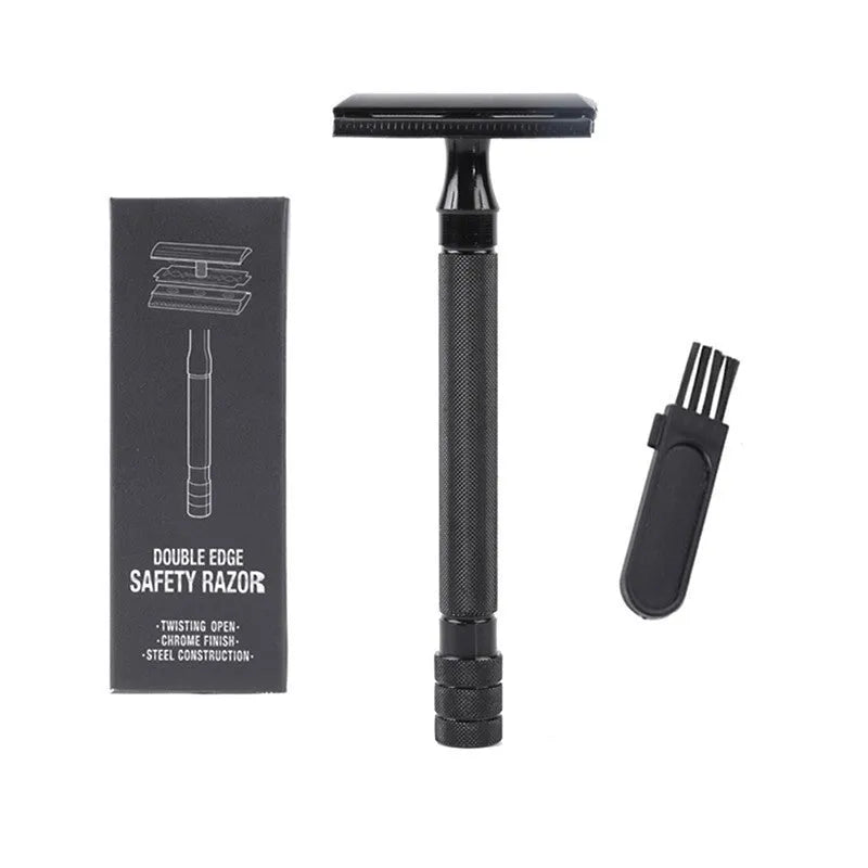 Traditional manual pogonotomy metal razor with brush in black or silver finish
