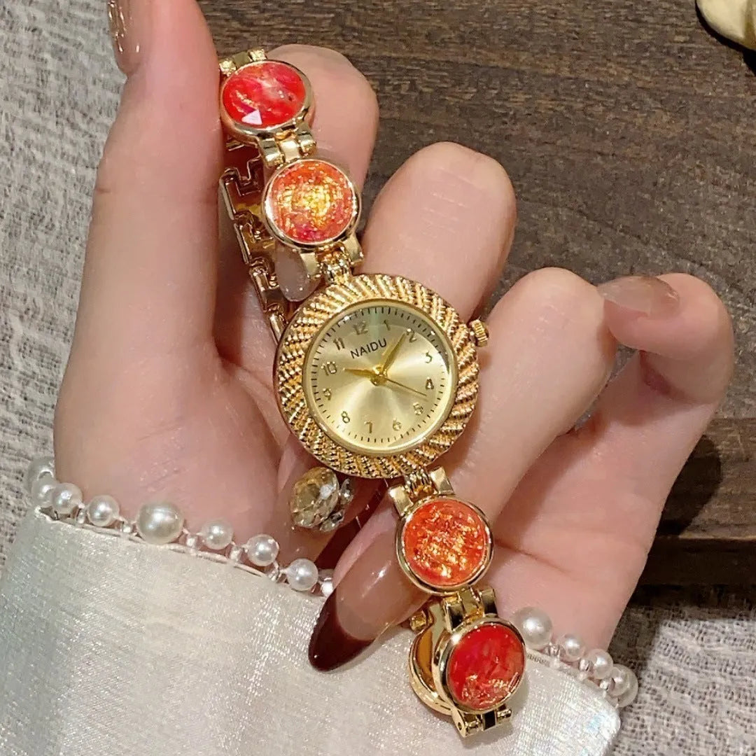 Women's 25mm round quartz watch in zinc alloy case showing six colour options