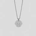 Stainless steel necklace with round embossed sunflower pendant featuring six-pointed stars on adjustable chain