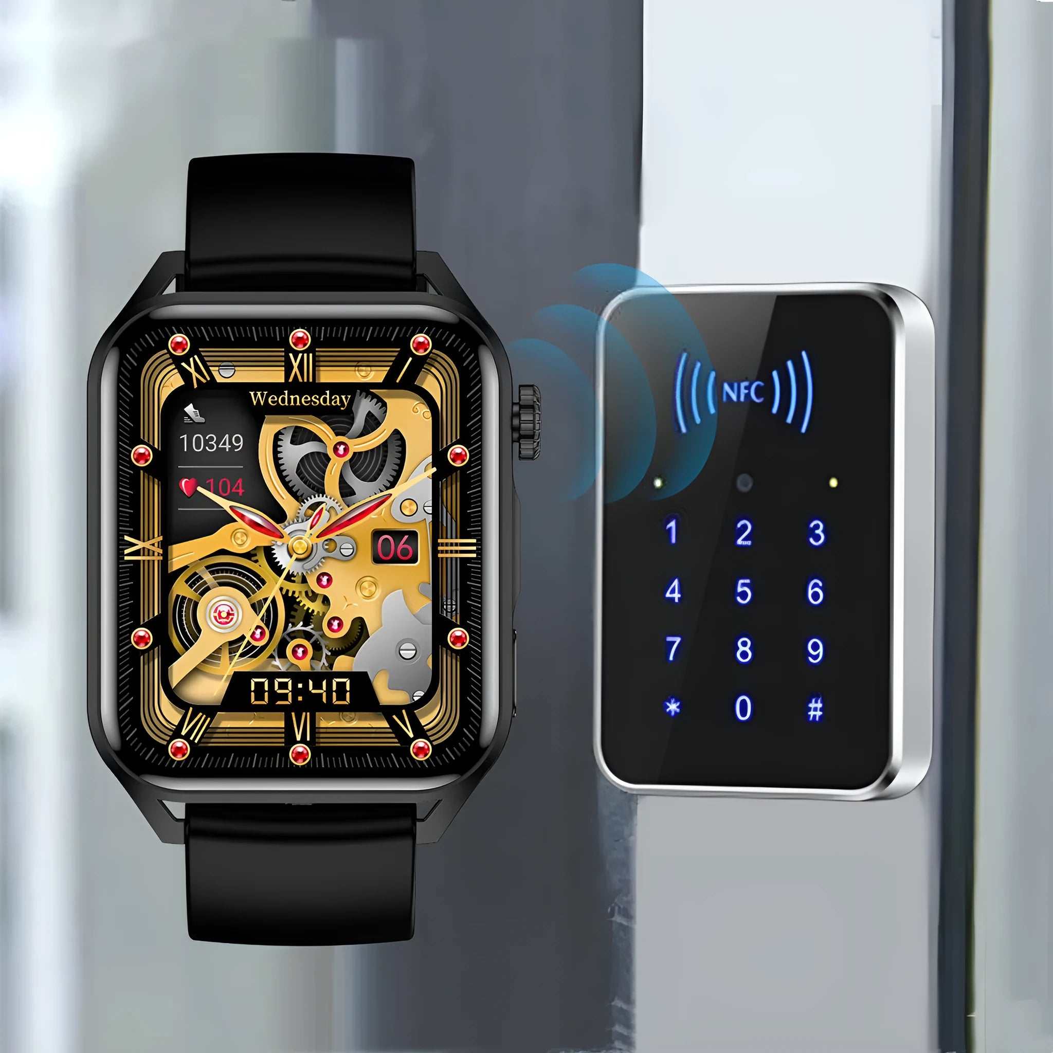 Smart watch with AMOLED screen and stainless steel case on silicone wrist strap