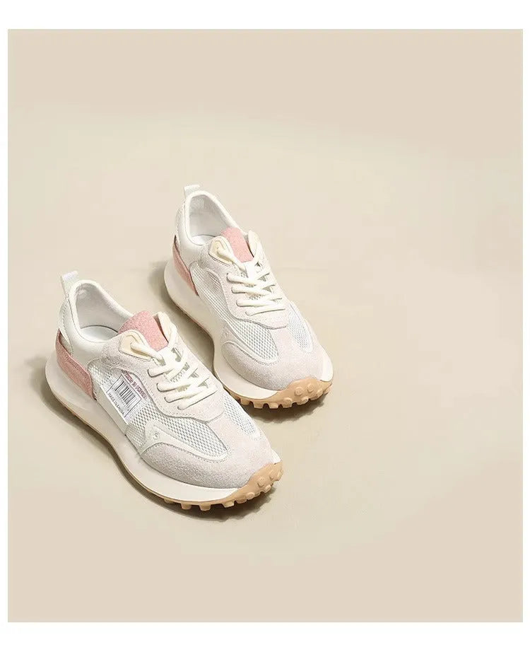 Women's grey and pink retro casual sneakers with mesh lining and rubber sole, low-top design