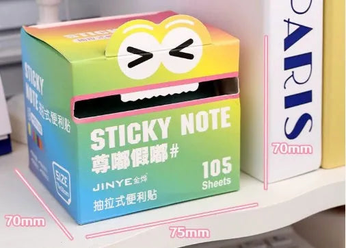 Box of pearl gradient transparent pull-out sticky notes showing 105-page pad and colour options.