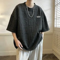 Men's grey t-shirt with three-dimensional raised letter pattern, short sleeves, loose retro fit