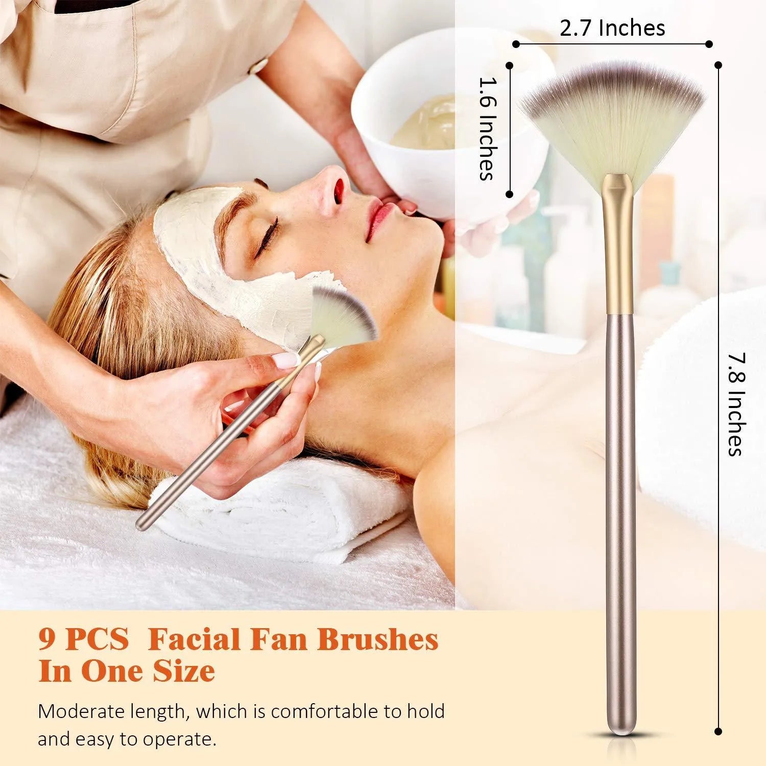 Ten champagne-coloured facial fan brushes with acrylic handles and protective covers laid out.