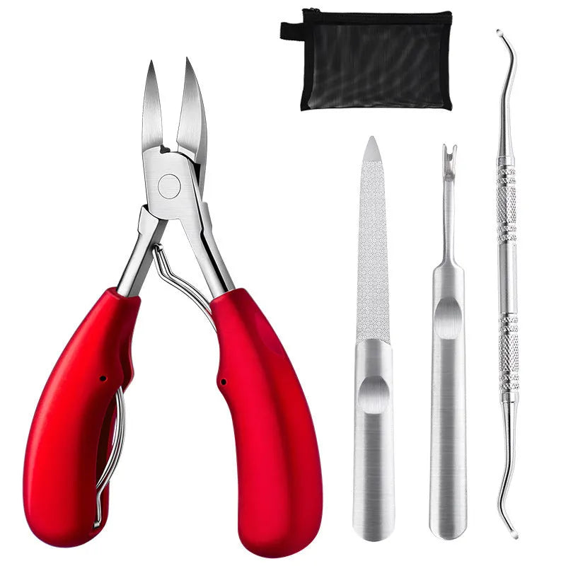 Stainless steel nail clippers set with red, blue, and black ABS handles and grooming accessories.