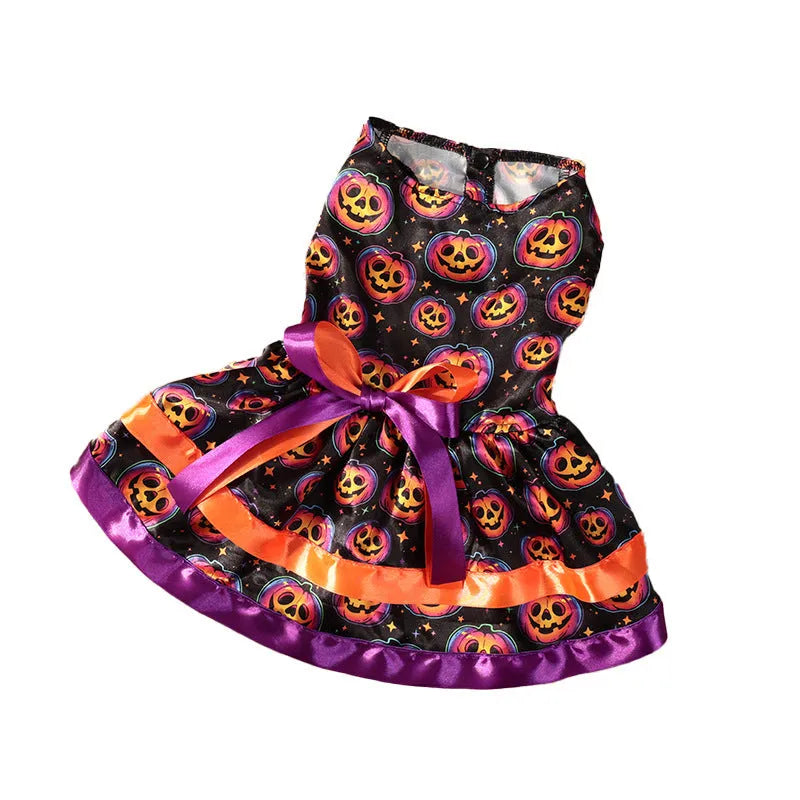 Halloween dog skirt with colourful pumpkin print, double-layer construction, casual pet costume