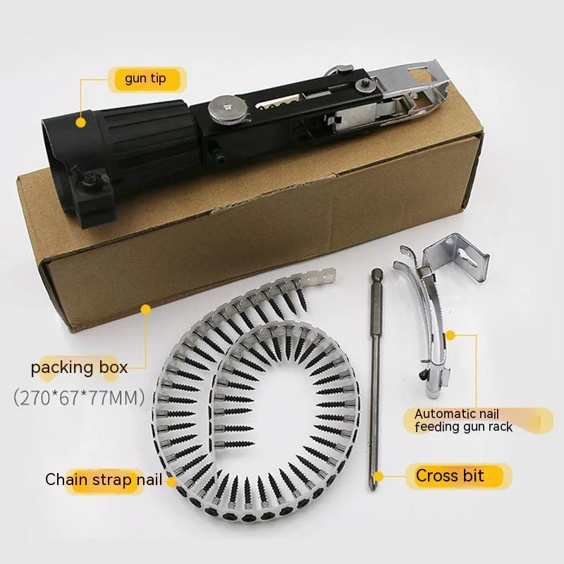Chain screw gun head electric screwdriver kit with automatic nail gun function and 235mm metal construction