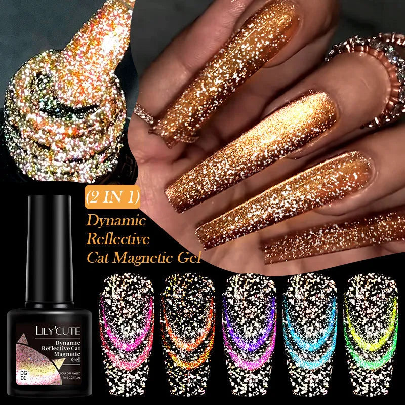 Diamond in the Debris Cat Eye Series nail polish gel bottles in six colours with included nail glue.