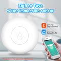 Wireless Zigbee water leak sensor with FCCID and CE markings, CR2032 battery compartment visible