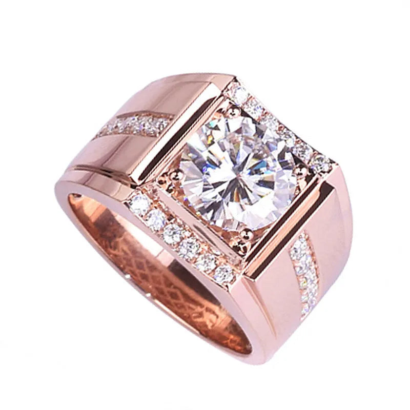 Men's geometric diamond zircon ring with adjustable opening in electroplated rose gold finish