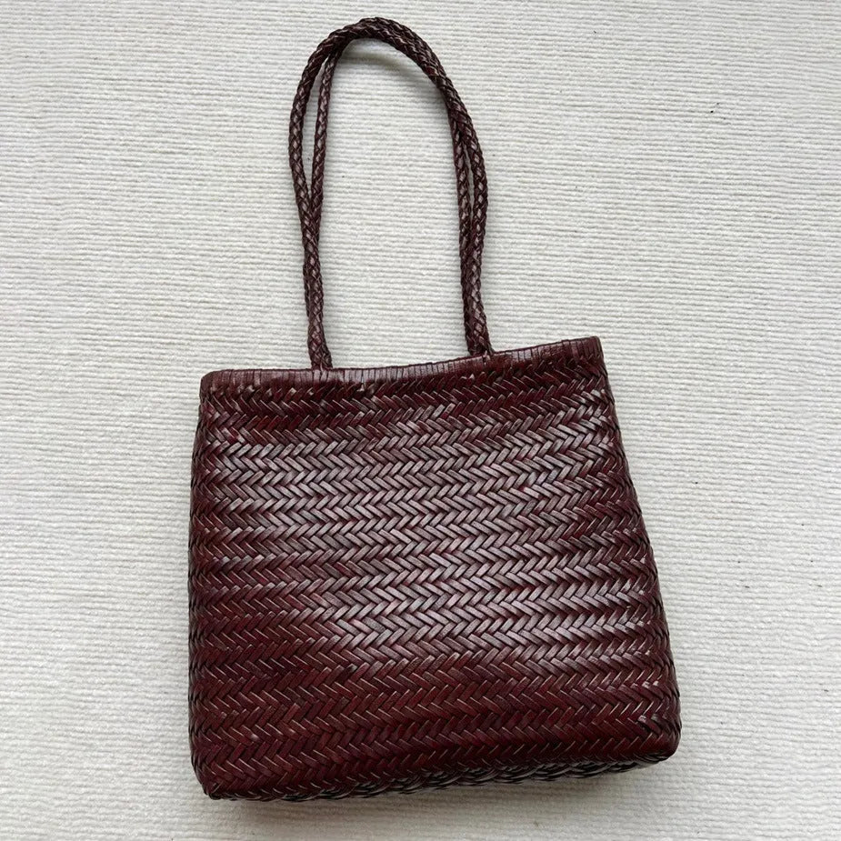 Brown woven genuine cowhide leather tote bag with three-dimensional pockets