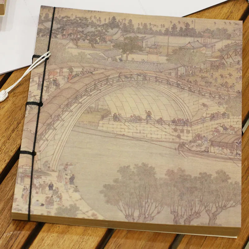 A5 antique wire-bound notebook with retro Chinese painting design on glossy embossed cover