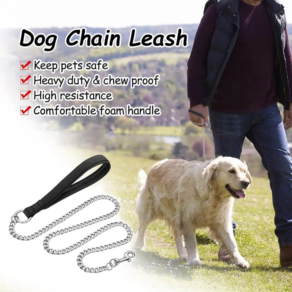Heavy duty metal dog leash with padded handle in black, blue, or red for medium to large dogs