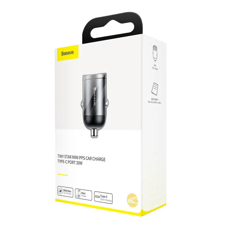 Baseus Huixiaoxing grey car charger set with 30W PPS fast charge and 1 metre cable