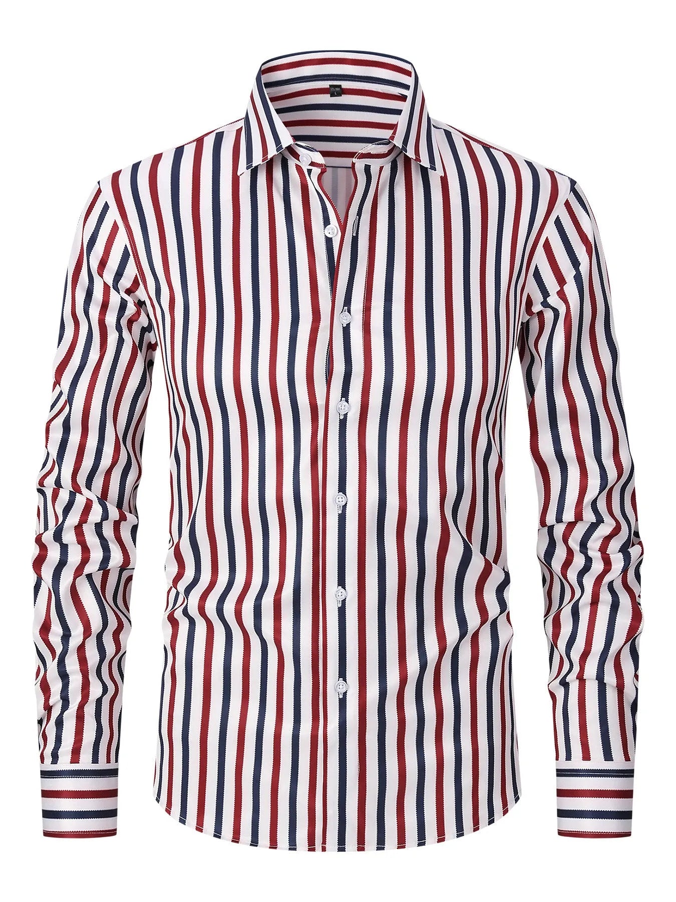 Men's slim fit striped long sleeve business shirt in polyester blend fabric on a hanger