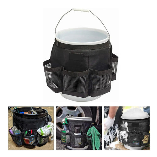 Black cylindrical hanging storage bag designed for 5 gallon barrels with car washing tools