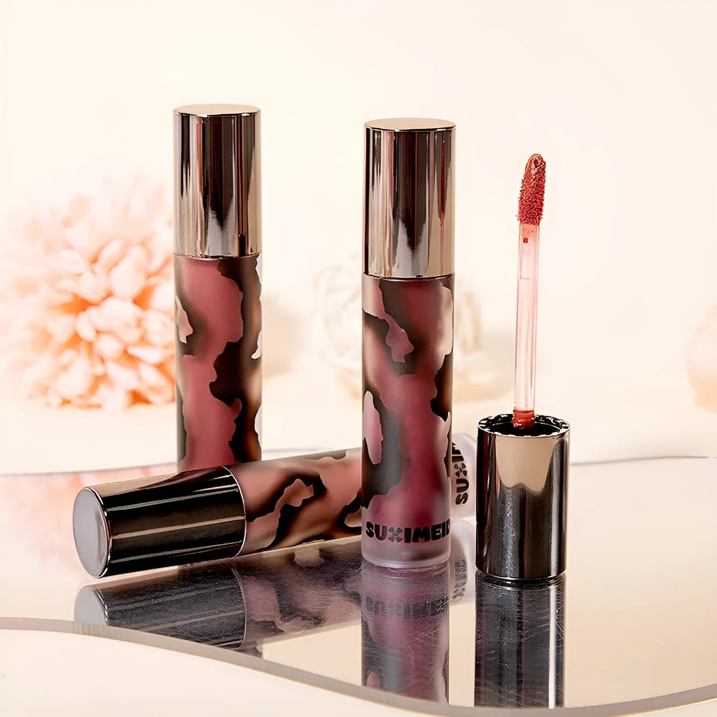 Lava Secret Matte Lip Mud Lipstick in shades orange brown coffee, cool grey, cinnamon coffee, jujube red, and smoked purple.
