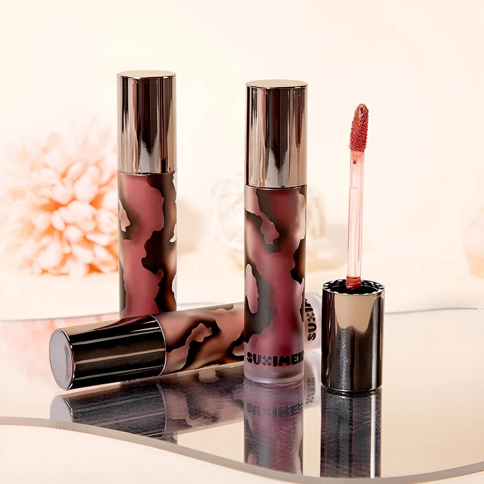 Lava Secret Matte Lip Mud Lipstick in shades orange brown coffee, cool grey, cinnamon coffee, jujube red, and smoked purple.