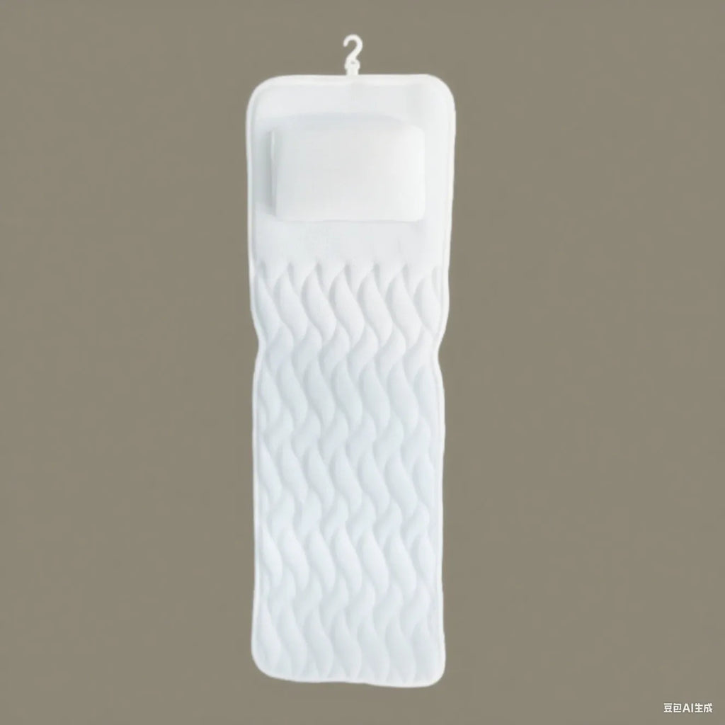 White bathtub pillow with 4D mesh fabric and suction cups on a flat surface.