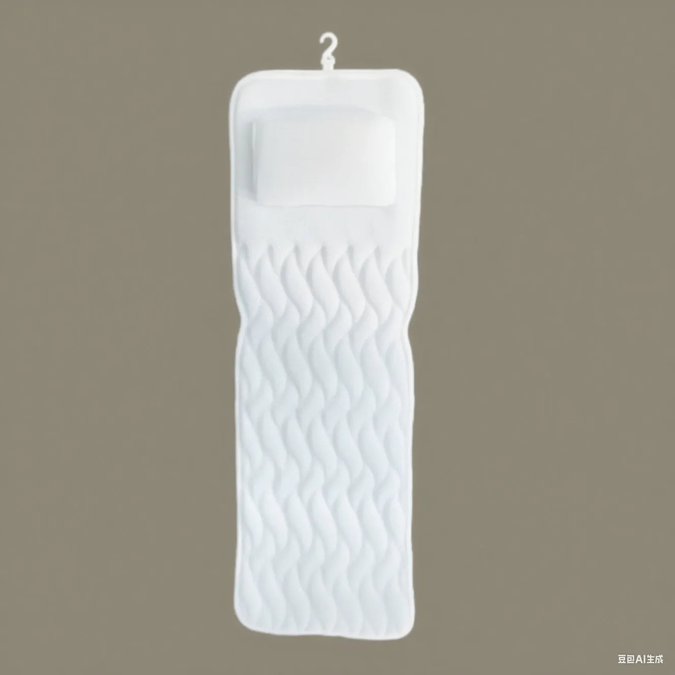 White bathtub pillow with 4D mesh fabric and suction cups on a flat surface.