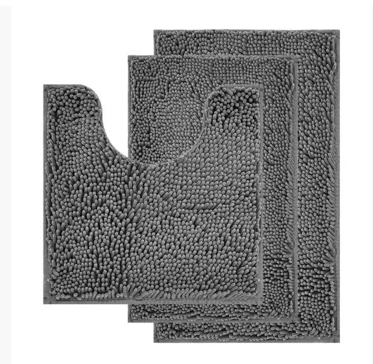 Chenille bathroom carpet three-piece set showing U-shaped toilet mat and two rectangular rugs in green.