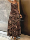 Women's dark brown leopard print dress with round neck and sleeveless design