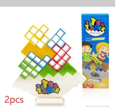 Plastic balance stacking board game with 16 colourful blocks, chassis, and base in a 26.5cm square box.
