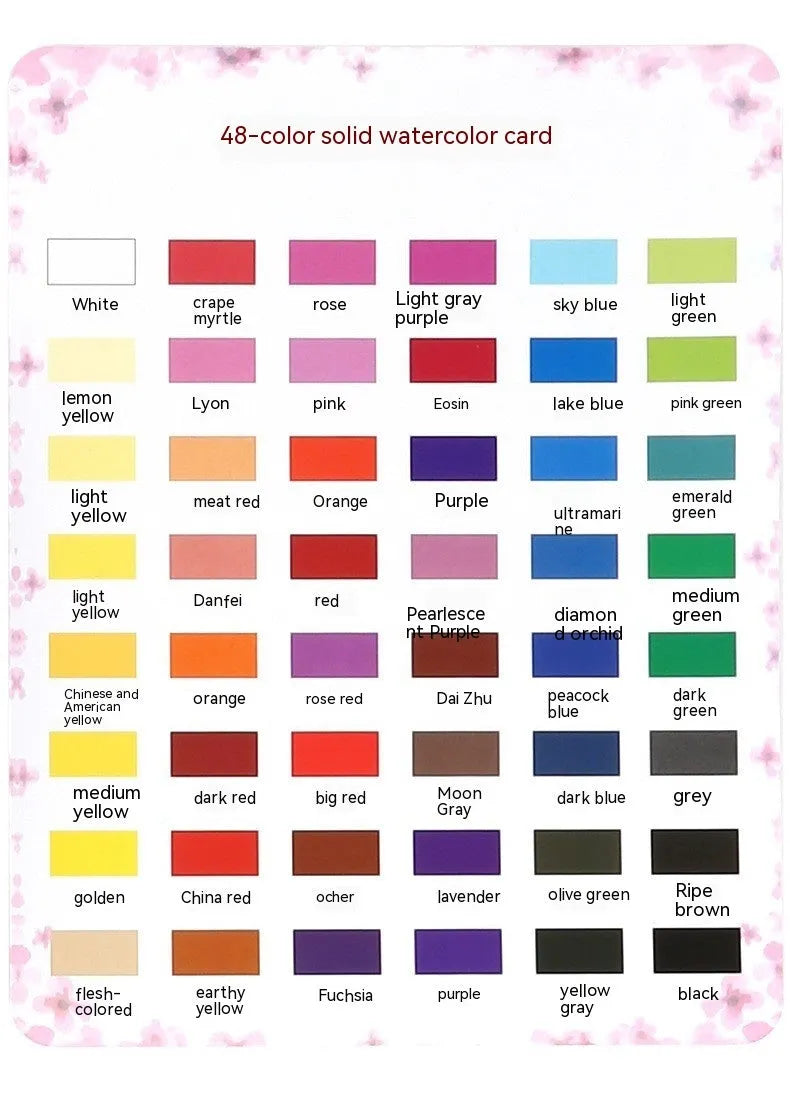 Box of solid watercolour paint set with 48 colours including Black Knight, Girl Pink, and Sunshine Blue.