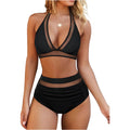 Women's polyester fibre bikini swimsuit with separate top and underwear in black, rose red, or leopard print